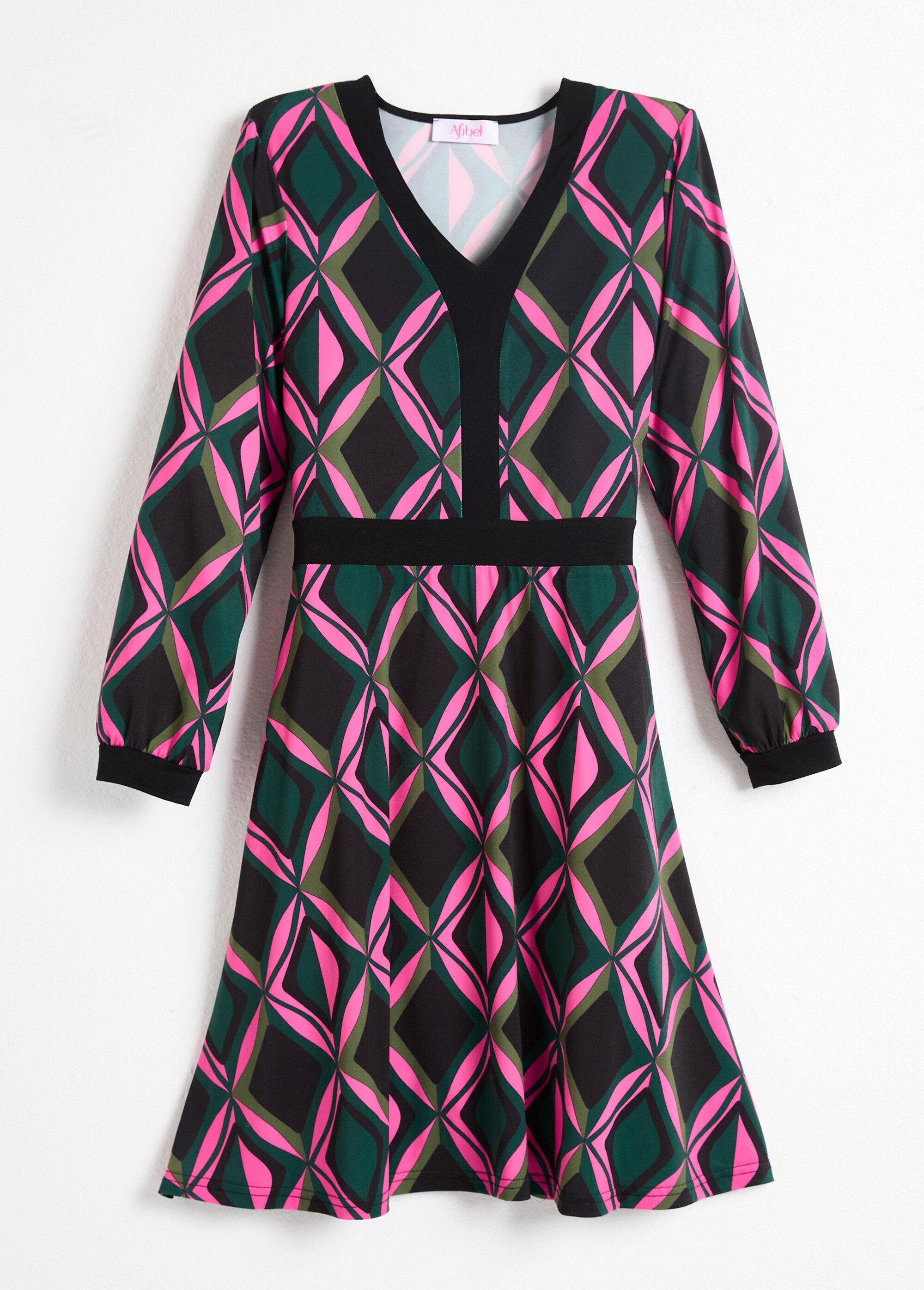 Vestido_corto_gráfico_acampanado_con_escote_en_V_rosa_y_verde_AP1_slim