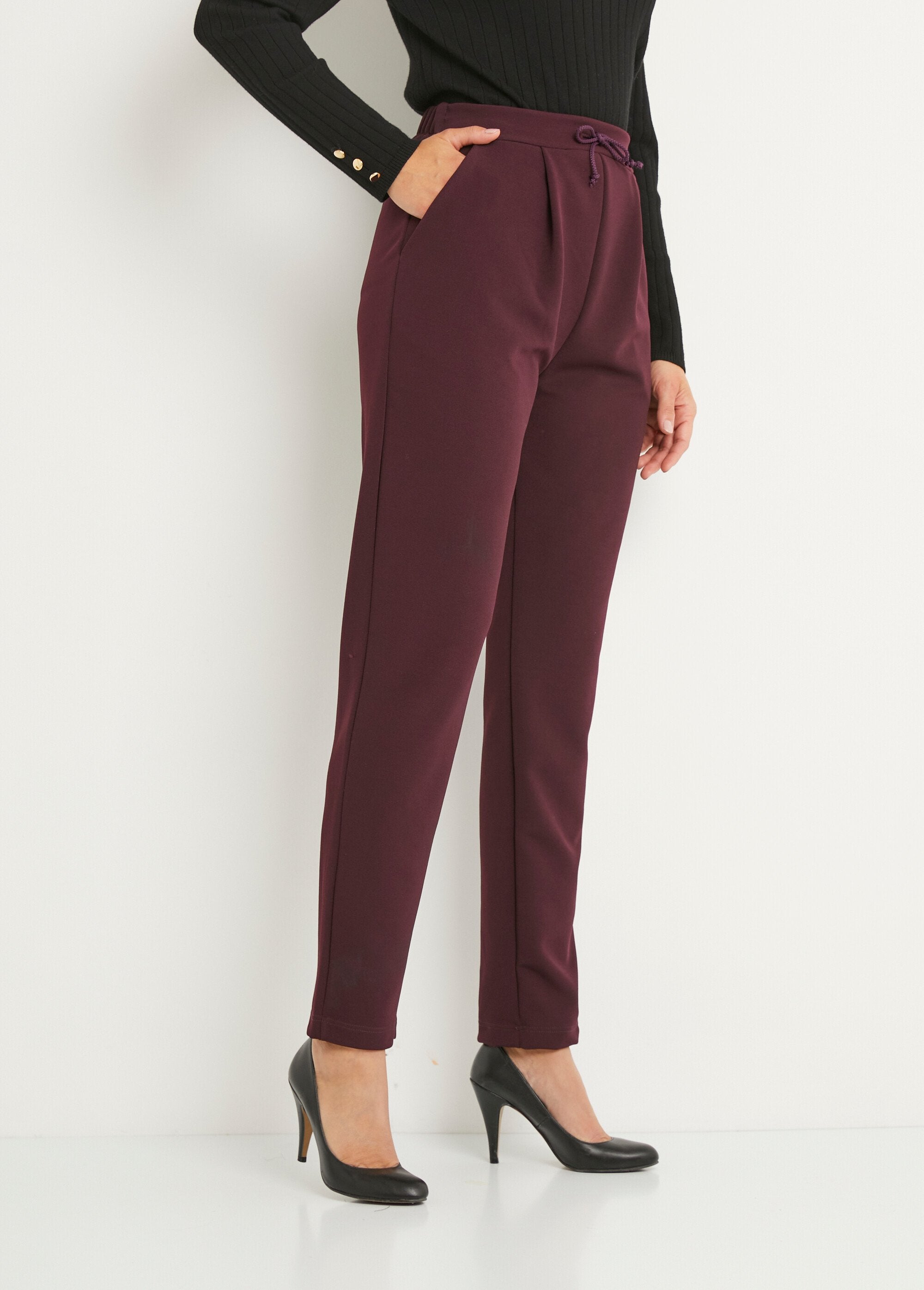 Pantalón_recto_de_punto_elástico_con_cintura_elástica_Bordeaux_DR1_slim