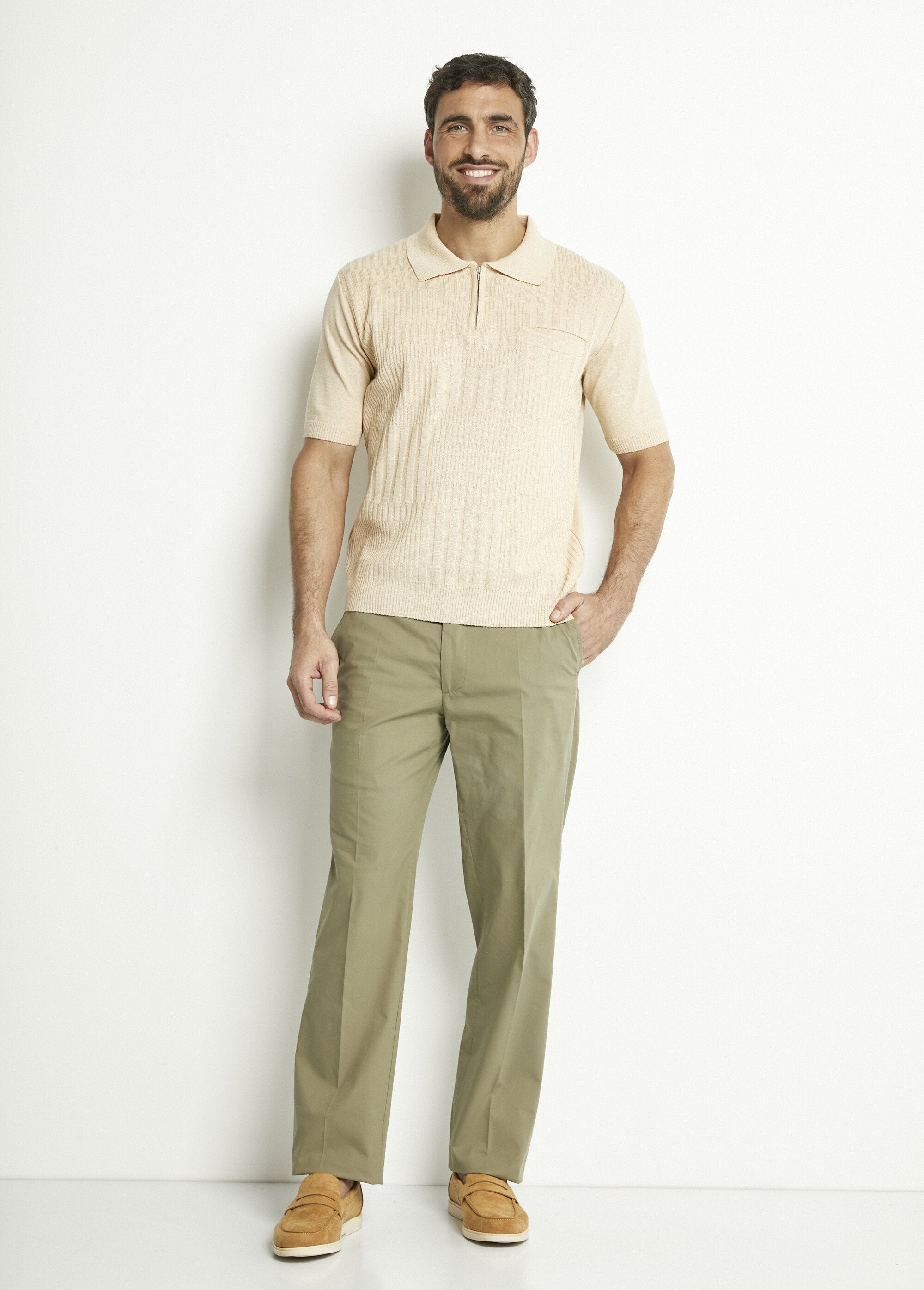 Polo_liso_de_manga_corta_de_algodón_cardado_con_cremallera_Beige_SF1_slim