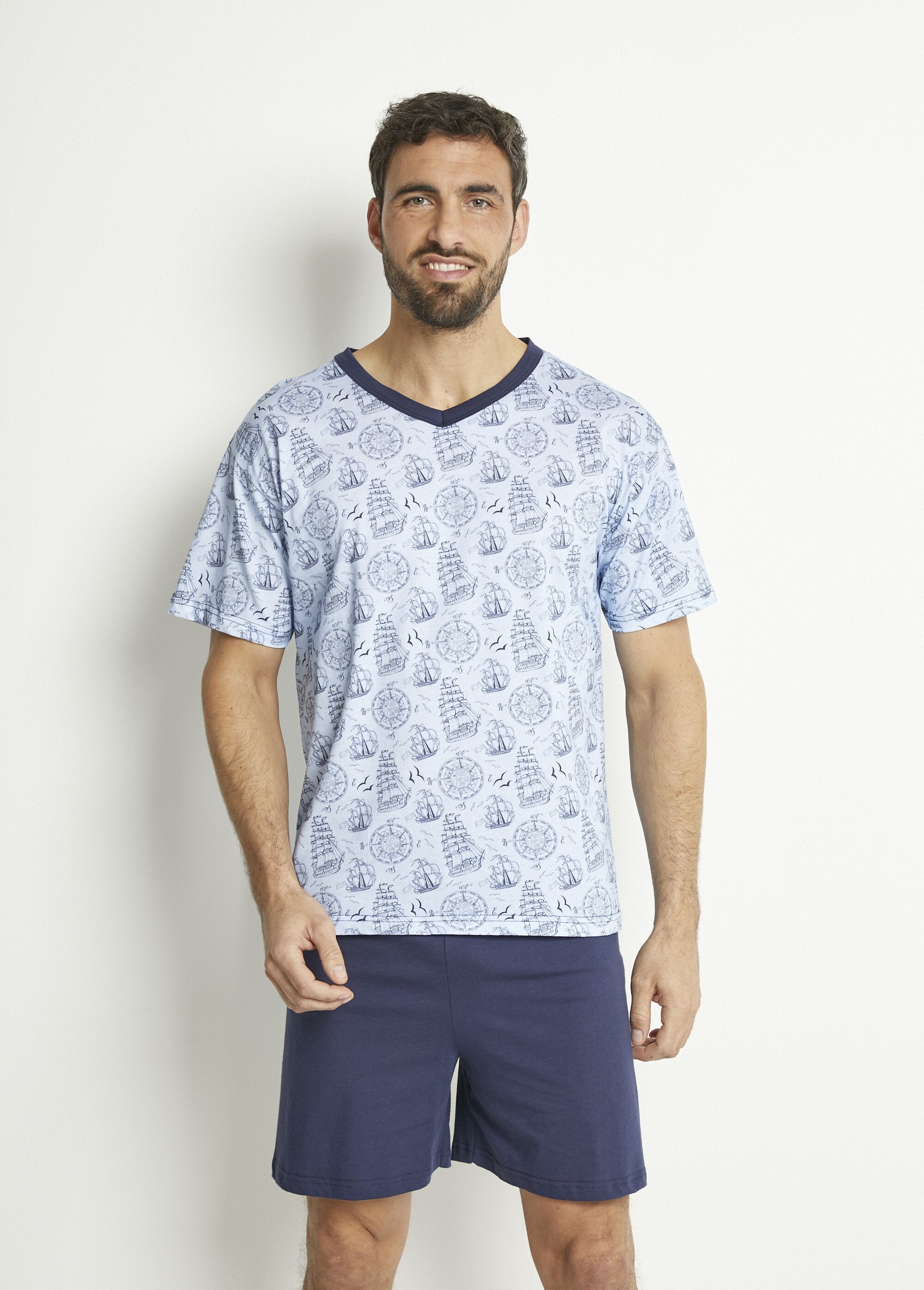 Pijama_corto_de_punto_de_algodón_con_cuello_de_pico_Azul_y_marino_FA1_slim