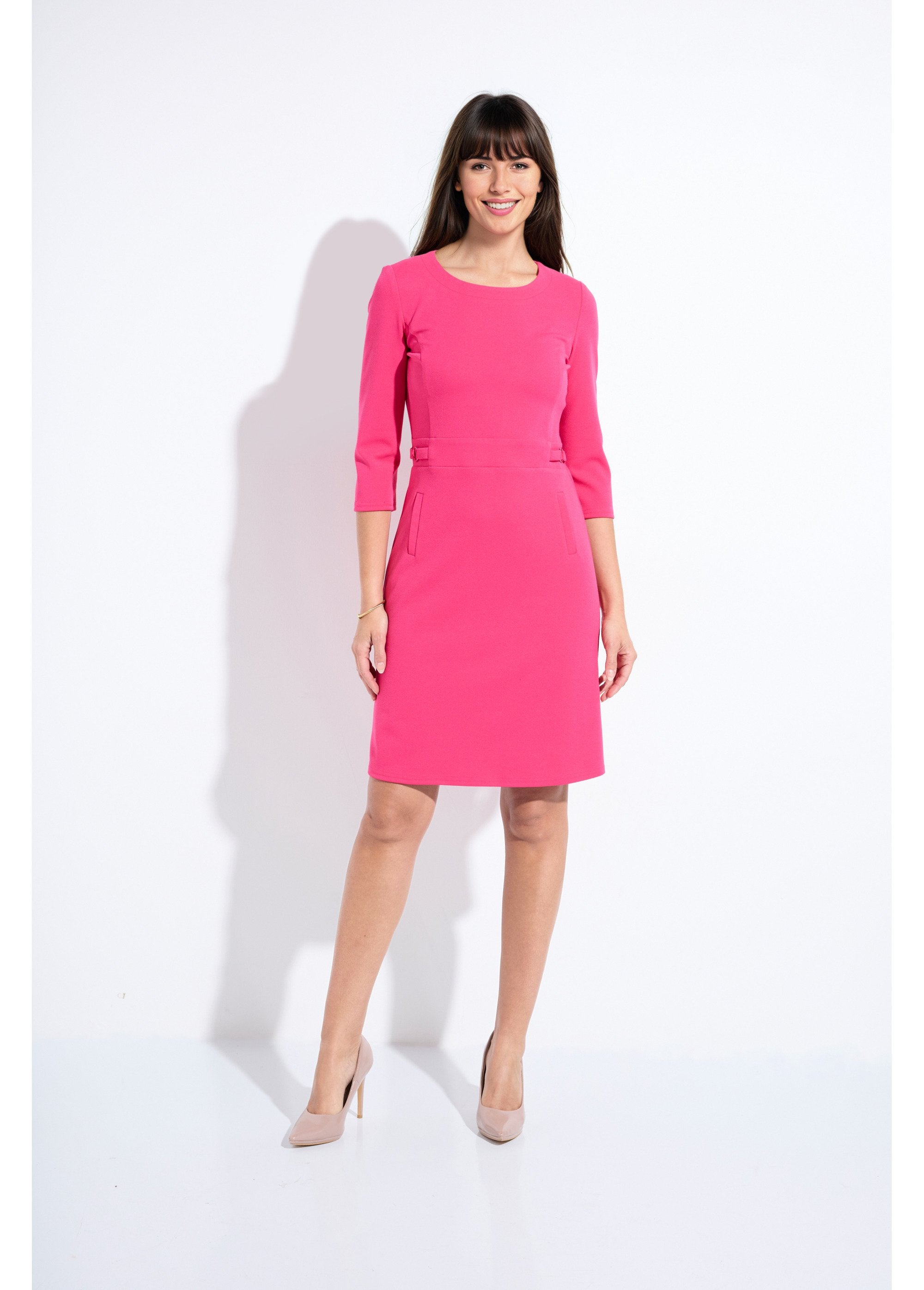 Vestido_recto_con_mangas_3/4_en_punto_suave_Fucsia_FA1_slim